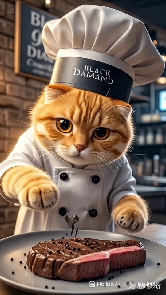 拟人化橘猫穿着厨师服双手再给盘子里的七分熟牛排撒一点黑胡椒颗粒，牛排是一段一段切好的，橘猫逼真，厨师服是白色的黑色钮扣，厨师帽上写着黑宝石西餐厅[推出,上升,下摇][左移,右摇,跟随] by Hailuo AI Video Generator