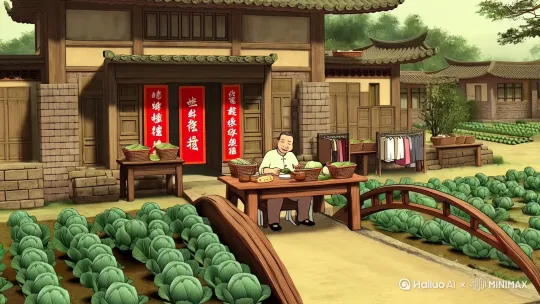 中国南方，农田，夏天，大院子，院子里坐着老两口正在吃饭，衣架，土灶，木桌椅上是蔬菜篮子，傍晚，菜园里种了包菜，大蒜，没有杂草，木质小桥，从正屋门口通往楼门。门上贴着春联。门前一颗超大的香樟树，灶台，灶台上放着大锅，锅里煮着饭，马路，细节丰富，完美的细节，线条细腻，侧光，宁静氛围，柔和色彩，复古风格，画面超清晰，岁月痕迹， by Hailuo AI Video Generator