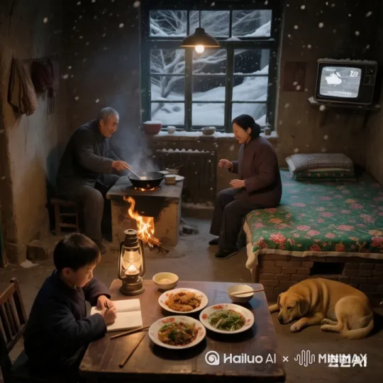 途中小图中小孩跟写作业的动作，老爷爷炒菜的动作，老奶奶和老爷爷说话唠家常，表情幸福微笑。大黄狗趴在地上打着呼噜
[左摇] by Hailuo AI Video Generator