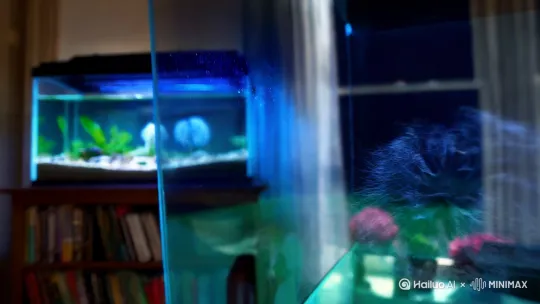 从书柜鱼缸的折射镜头拉出，整个家像水晶球般旋转悬浮，蒲公英种子穿透屋顶飘向星空，每个窗户闪现不同季节的家庭剪影 by Hailuo AI Video Generator