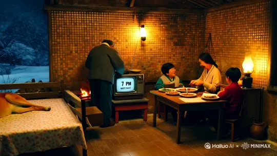 场景描述:一个暴雪纷飞的夜晚，一个土砖瓦墙的房屋内，时代背景选择在80年代，窗外大风呼啸，大雪纷飞，房间里面使用煤油灯把整个房间照的温暖四溢，家里的黑白电视正放着每晚7点的天气预报，炕上的床单是翠花的面料。时间正是吃晚饭的时候，爷爷在烧火，奶奶在炒菜，有说有笑的唠着家常，饭桌上已摆好了三盘家常菜。小孩哥在做作业，家里养的大黄狗正趴在灶炉旁打着盹儿。
图片拍摄角度采用室内俯角，可能的把室内的各个场景以及人物动作全部描绘下来
运镜采用[左摇][旋转一周] by Hailuo AI Video Generator