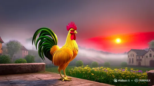 这真是一幅充满生机与活力的画面！让我来为你描述一下这个场景：

**画面描述：**

清晨，薄雾还未完全散去，空气中弥漫着泥土和花草的清香。在一个美丽乡村的花园阳台上，一只金黄色的大公鸡昂首挺胸地站在那里。它的羽毛在晨曦中闪闪发光，仿佛披上了一层金色的光辉。

公鸡面对着东方，那里，一轮火红的太阳正缓缓升起。阳光洒在公鸡的身上，为它镀上了一层耀眼的光芒。公鸡感受到新一天的到来，兴奋地展开它那强壮的翅膀，发出嘹亮的啼鸣声。

**声音描述：**

"喔喔喔——" 公鸡的啼鸣声清脆而有力，穿透了清晨的宁静，回荡在整个乡村。这声音仿佛在向世界宣告新一天的开始，唤醒了沉睡的大地，也唤醒了乡村的每一个角落。

**氛围感受：**

整个画面充满了希望和活力，象征着新一天的开始和生活的美好。公鸡的啼鸣声与火红的太阳相映成趣，构成了一幅充满生命力的乡村晨景图。

**情感表达：**

这幅画面让人感受到一种积极向上的力量，仿佛在告诉我们：每一天都是新的开始，充满着无限的可能和希望。 by Hailuo AI Video Generator