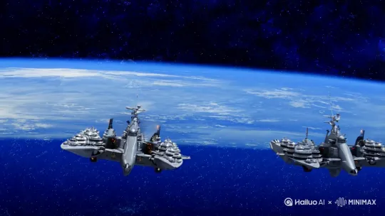 《三体》中的水滴以第三宇宙速度的10倍撞击人类舰队。[晃动,变焦推进,跟随] by Hailuo AI Video Generator