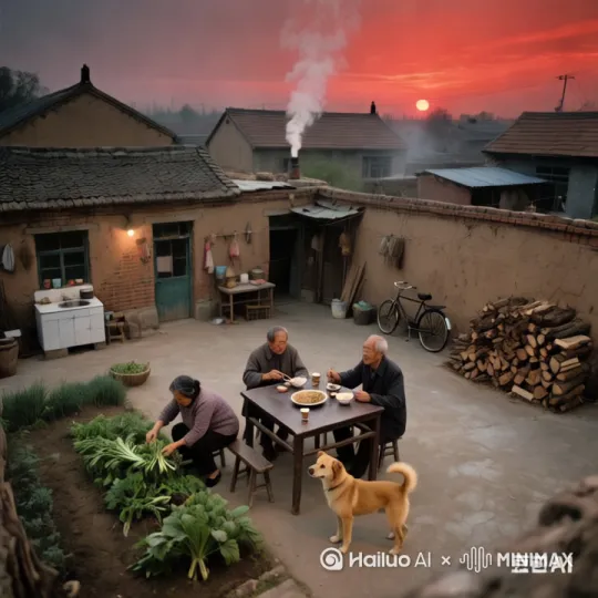 场景如下
土砖瓦墙的院子中有一小片菜地，院子稍微大一点，并且要有厨房，一两农用的28大杠，以及杂货间，在院子墙边堆放着已经劈好的柴火。
人物动作:奶奶在菜地摘菜，中央放着一张四方桌，爷爷坐在桌子面前吃饭喝酒，桌子底下一只中华田园犬阿黄摇着尾巴，时间是傍晚6点钟，夕阳红如血，家家户户炊烟缭绕。[下降,上摇]
照片的角度采用俯视角度，能非常清楚的看清院子的大概全貌以及人物细节和阿黄的表情 by Hailuo AI Video Generator