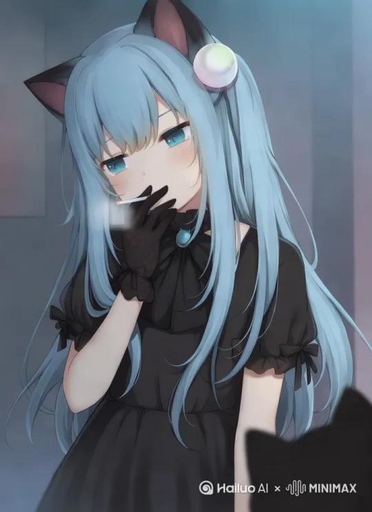 忧郁的抽烟蓝色猫耳娘。 by Hailuo AI Video Generator