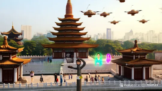 Aerial view of futuristic Tang Dynasty city, holographic lanterns showing real-time人流热力图, 5G基站伪装成宝塔造型, Hanfu tourists taking AR合影 with virtual Li Bai, Giant Wild Goose Pagoda projecting blockchain data streams, --ar 9:16 --v 6 --style raw` | 人流热力图与唐代市集动线重叠 |
| **中景** | `Medium shot: AI茶博士机械臂斟茶入秘色瓷, 少女汉服霓虹渐变, 手持可折叠OLED团扇直播, 背景全息《霓裳羽衣曲》乐谱随观众打赏变化, 水面倒影同时显示漕运货船与无人机物流网` | 机械臂与传统茶艺的动力学匹配 |
| **特写** | `Close-up: 唐式榫卯结构建筑接缝处露出光纤脉络, 檐角风铃实为环境传感器, 飘落的银杏叶带着二维码纹理, 扫码显示该叶片跨越千年的碳足迹故事 --seed 2025 --chaos 20` | 榫卯结构内的智能城市管理系统 | by Hailuo AI Video Generator
