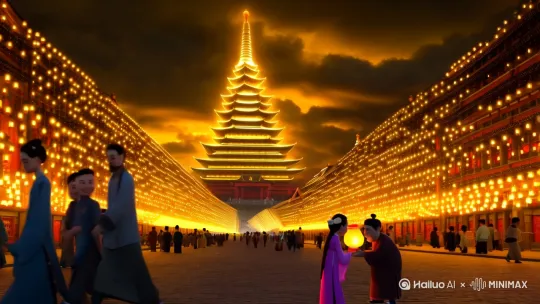 气势起） | 朱雀大街万灯齐燃，大雁塔金辉破云 | *"当现代光影点亮盛唐的月光，朱雀长街醒来了——"*<br>（浑厚男声+箜篌重音） |  
| **3-7秒**<br>（人情暖） | 汉服少女将鱼灯递给胡商孩童，锦鲤跃出华清池映亮笑脸 | *"西域琉璃遇见长安锦鲤，波斯童谣混着唐音欢笑——"*<br>（少女清音+琵琶轮指） |  
| **7-10秒**<br>（时空越） | 钟楼琉璃顶折射出高铁穿城，孔明灯群化作星空巨幕"2024" | *"看！盛世从未离去，它正在我们掌心跳跃千年！"*<br>（群声和鸣+电子音效） | by Hailuo AI Video Generator