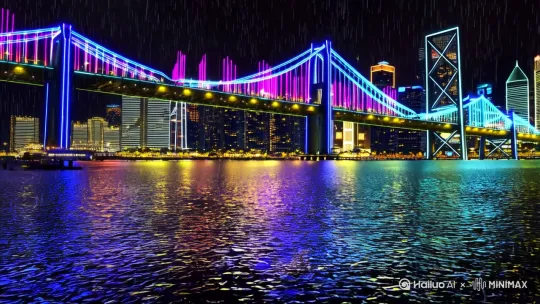 "neon rain dissolving into blue roses in cyberpunk harbor city, matte painting style, Wong Kar-wai color grading with film grain, fisheye lens distortion, 8K cinematic --ar 21:9"
Runway运动参数:
镜头从港珠澳大桥的霓虹倒影中升起,雨滴逆流成蓝色花瓣,融合成歌名《霓虹蔷薇夜》的金属蚀刻字体 by Hailuo AI Video Generator