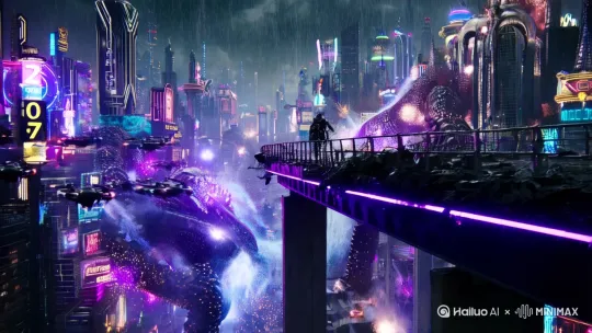 史诗级科幻战争，广角镜头展现赛博朋克都市在暴雨中被巨型机械章鱼缠绕摧毁，霓虹招牌与爆炸火花交织，身着外骨骼装甲的女主角在无人机群追击下跃过崩塌的高架桥，背景中倒计时的全息投影即将归零，电影级光影与颗粒质感，暗黑中带有紫色与荧光蓝的色调，动态模糊与慢动作特写结合 by Hailuo AI Video Generator