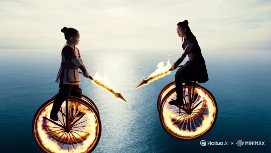 新版哪吒之魔童闹海与老版哪吒闹海的两个哪吒，在东海上空相遇，二个哪吒都脚踏风火轮，手持火尖枪，但穿着不同，老版哪吒是个可爱的孩童形象，穿着肚兜，新版哪吒仍然是一副叛逆的形象，二个人都好奇的看着对方 by Hailuo AI Video Generator