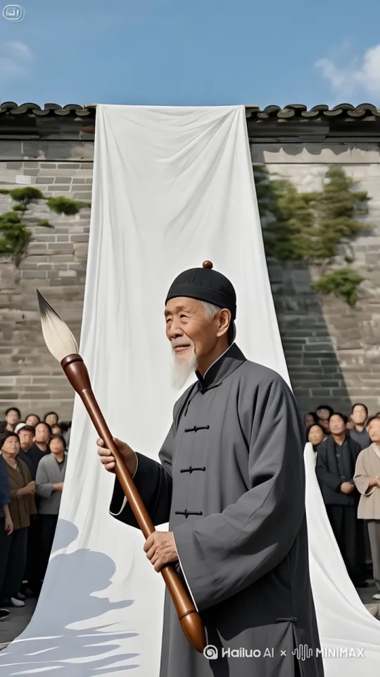 老人，双手握住巨大毛笔腾空而起，停在空中用中国功夫自上而下手舞足蹈疯狂写字。墙头上与墙根下簇拥的群众欢呼雀跃、鼓掌叫好。镜头以中景、70毫米焦距固定拍摄，阳光明亮。画面呈现真实摄影风格，超细节，16K超清画质，氛围热烈庄重，凸显传统书法艺术魅力。 by Hailuo AI Video Generator