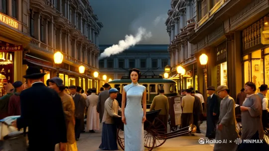 以下是一组 AI 绘画提示词：
 
- 整体氛围：具有浓郁民国风情，繁华热闹的大上海街头，霓虹闪烁，灯光昏黄温暖，街道上人群熙攘，洋溢着老上海独有的纸醉金迷与复古摩登氛围。
- 人物：一位身着精致旗袍的美女，身材曼妙，身姿婀娜，曲线玲珑有致。旗袍为素雅淡蓝色，绣着细腻的银线花纹，领口呈传统立领设计，盘扣精致小巧。她的头发精心盘起，插着一支翡翠簪子，脸庞精致，柳眉弯弯，双眸明亮且含情，樱桃小嘴微微上扬，肌肤白皙如雪。她手持一把淡粉色的绢质团扇，扇面上绘有淡雅的兰花。
- 背景：街道两旁是西式风格的建筑，有复古的路灯散发着柔和光芒，商店橱窗明亮，陈列着琳琅满目的商品。远处可见有轨电车缓缓驶过，车身为深绿色，冒着淡淡的白烟。路边还有卖报童、黄包车夫以及穿着长衫、西装的行人来来往往。天空中飘着淡淡的云朵，月亮若隐若现。
- 色彩：整体色调以暖黄色为主调，突出老上海的复古感，街道建筑色彩偏灰棕色，展现其年代感。美女的旗袍淡蓝色与背景形成对比，更显突出，绢质团扇的粉色增添一丝柔和与俏皮。霓虹灯以红、绿、紫等鲜明色彩点缀，增强繁华感。[推进,上升] by Hailuo AI Video Generator