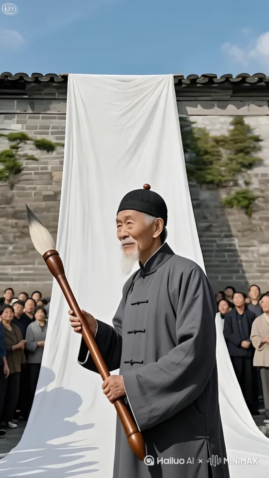 老人，双手握住巨大毛笔飞起来，停在空中用中国功夫自上而下手舞足蹈疯狂写字。墙头上与墙根下簇拥的群众欢呼雀跃、鼓掌叫好。镜头以中景、70毫米焦距固定拍摄，阳光明亮。画面呈现真实摄影风格，超细节，16K超清画质，氛围热烈庄重，凸显传统书法艺术魅力。 by Hailuo AI Video Generator