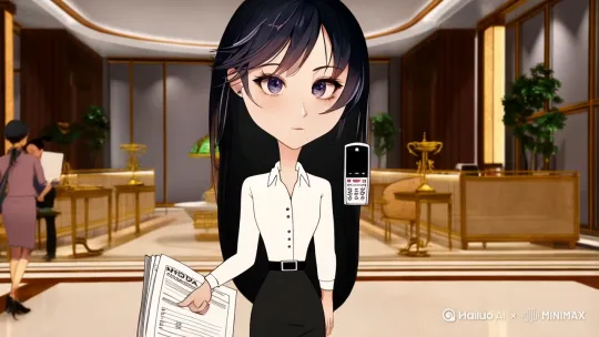帮我生成一张图片:二次元风格,8K,角色描述:李沐瑶:1female(19岁),皮肤白皙,一头乌黑的长发柔顺地披在肩上,眼睛盯着主角的诺基亚N95手机,流露出羡慕的神情,身着一套职业感十足的OL装,白色衬衫搭配黑色包臀裙,脚穿黑色高跟鞋,站在银行大厅内,手中拿着一些文件。
• 角色表情:羡慕
• 角色动作:微微歪头,眼神专注地看着手机,嘴唇微微抿着。
• 背景:银行大厅,装修豪华,有工作人员和其他客户在办理业务。 by Hailuo AI Video Generator