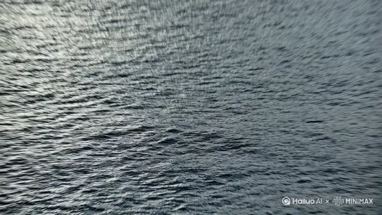 广角俯拍+水面特写：镜头聚焦海面波纹（澹澹水纹），远景拉升至山岛对峙的轮廓。主体为灰褐色山岛群，水面倒映天空阴云，光影对比强烈，营造山海对峙的压迫感与动态平衡。 by Hailuo AI Video Generator