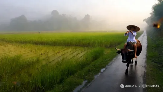 晨雾还未散尽，田埂边的露水压弯了狗尾草的腰。青绿色的稻田在风里翻着细浪，像一块被揉皱的绸缎，沿着乡间小路铺向远方。牛蹄踩过湿润的泥土，留下深浅不一的脚印，仿佛大地在晨光里写下的行楷诗句。
 
牧童戴着草帽，帽檐压得低低的，遮住了半张晒得红扑扑的脸。他跨坐在老黄牛背上，双腿晃悠悠地垂在牛腹两侧，手中的竹笛贴着唇畔，断断续续的调子从指缝间漏出来——说是吹笛，倒更像在跟晨风说悄悄话。音符跌进稻田里，惊起一两只停在稻穗上的蜻蜓；落在牛耳尖上，老黄牛便甩甩尾巴，把晨光里的碎金抖落了满地。
 
草帽边沿沾着的草屑，是昨夜在草垛里打滚时留下的印记；布衫袖口还别着朵刚摘的野雏菊，嫩黄的花瓣上凝着晨露，随着牛步的起伏轻轻颤动。他忽然仰起头，朝着缀着几缕淡金云彩的天空吹了声清亮的呼哨，惊飞了树梢上栖息的麻雀，也让藏在云层后的太阳，悄悄探出了半张羞红的脸。
 
小路尽头的竹篱笆边，阿婆正挎着竹篮唤他回家喝新熬的南瓜粥。笛声渐歇，牧童忽然把草帽往头顶一推，露出狡黠的笑，手指在牛背上轻轻一拍——老黄牛便迈着慢悠悠的步子，驮着他走进这被晨雾与稻香浸透的时光里。风掠过稻叶，带走最后一丝未散的笛音，却把少年的笑闹声，永远留在了这片绿油油的晨光里。 by Hailuo AI Video Generator