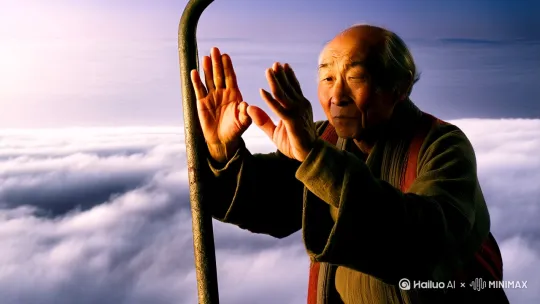一个老头儿双手掐诀，扛着铁掀拔地而起，站在云端扣了扣脚趾甲，又掏出来一根烟猛嘬了两口，最后骑着头羊跑了 by Hailuo AI Video Generator