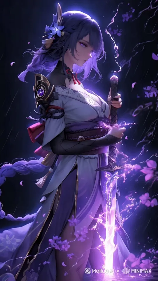 【CG动画镜头描述·雷电姬君】

镜头以暗夜飘散的蓝紫色花瓣为前景缓缓推进，少女武士的刀锋骤然劈开画面，紫电缠绕的刃尖划出彗星般的轨迹。她足尖轻点水面的刹那，液态金属质感的肩甲折射出冷冽弧光，半透纱质袖袍在气浪中翻涌如深海波纹。

镜头环绕至人物正面特写：发丝间悬浮的蓝花发饰与刀柄宝石共鸣震颤，每一次呼吸都带起细碎的电离火花。骤然拉远的全景镜头中，她旋身挥出新月状的雷光斩击，数百片被电离的花瓣瞬间定格空中，构成环绕主体的能量矩阵——当刀身竖劈地面的瞬间，所有悬浮物轰然爆裂成紫色星尘，在慢镜头中与倾泻而下的发丝共舞。

特别提示：建议在剑刃接触地面时添加0.3秒的蓄力光效，使衣襟暗纹与雷电符纹产生粒子共振。人物虹膜可设计为双层发光结构，内层保持恒定紫光，外层随能量波动呈现星云状扩散效果。 by Hailuo AI Video Generator
