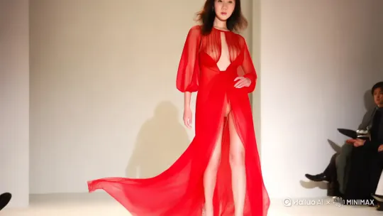 运镜拉远，一位模特身穿一袭红色薄纱连衣裙，身材火辣，胸部坚挺饱满，在T台走秀 by Hailuo AI Video Generator