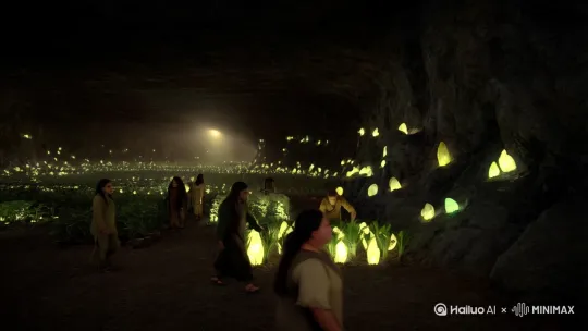 地上世界没有了太阳，人们进入地底世界，依靠石头发光生活，在地底种田为生 by Hailuo AI Video Generator