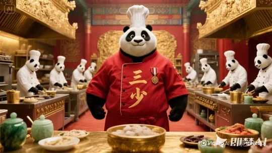 一只长得魁梧的熊猫主角，穿着红色厨师服，衣服上印着三少字样，右胸挂着厨师勋章，在古代宫廷御厨房里向后面走去巡视，满意的点头。旁边有很多熊猫，穿着白色厨师服，分工明确的做事状态中！厨房金碧辉煌，放着各种玉石调料罐，还有各种罕见食材！超现实主义，电影感十足，高清画质8k像素[右移,左摇,跟随] by Hailuo AI Video Generator