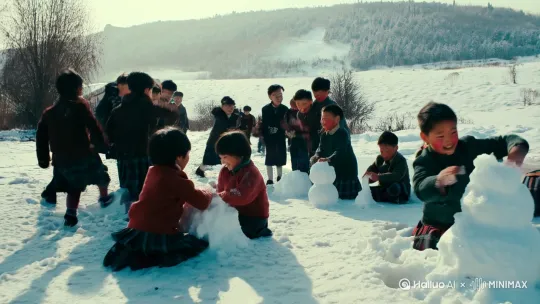 八十年代东北农村冬天打冰嘎场景，小学生打雪仗场景，堆雪人场景，一群小男孩冻脸通红场景[推进,上升] by Hailuo AI Video Generator