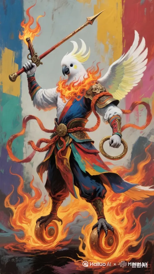 玄凤鹦鹉三太子脚踩风火轮，一手执火尖枪，一手执乾坤圈，身披混天绫，双翅展动，足有几丈，气势汹汹的朝着对面的老鹰妖飞去，顿时三太子和老鹰妖你来我往，斗得十分激烈，3d镜头环绕跟随，电影画面感，[推进,上升] by Hailuo AI Video Generator