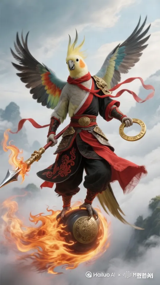 玄凤鹦鹉三太子脚踩风火轮，一手执火尖枪，一手执乾坤圈，身披混天绫，双翅展动，足有几丈，气势汹汹的朝着对面的老鹰妖飞去，顿时三太子和老鹰妖你来我往，斗得十分激烈，火尖枪拍打在老鹰妖身上，老鹰妖利爪抓住玄凤鹦鹉三太子的混天绫，3d镜头环绕跟随，电影画面感，[推进,上升] by Hailuo AI Video Generator