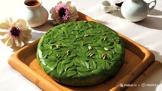 龙井茶饼制作思路**（传统工艺结合创新）
1. **原料选择**：选用明前西湖龙井嫩芽，保留清香鲜爽特性。
2. **蒸压工艺**：
   - 将干燥后的龙井茶叶轻微蒸软（控制温度避免破坏香气）。
   - 用棉布包裹茶叶，压制成圆形茶饼（约200g/饼），压制力度需轻于普洱茶以保持叶片完整。
3. **干燥定型**：低温慢烘至含水量≤5%，保留绿茶色泽。
4. **包装存储**：
   - 棉纸包裹茶饼，避光防潮。
   - 建议短期品饮（1年内），避免久存氧化。

---

### **二、AI生成提示词**（适用于Midjourney/DALL·E等工具）
```text
A traditional Chinese Longjing tea cake, emerald green compressed tea leaves with visible tender buds and delicate texture, presented on handmade bamboo tray, soft natural lighting, surrounded by dried tea flowers and porcelain tea set, minimalist Chinese aesthetic, muted earthy tones, watercolor painting style, cultural heritage theme --ar 3:4 --v 6.0
```

**关键词解析**：
- **核心元素**：龙井茶饼（颜色翠绿、芽叶清晰）、传统中式场景
- **细节强化**：手工竹盘、陶瓷茶具、干燥茶叶花点缀
- **风格**：水彩质感、留白构图、文化传承主题
- **参数**：3:4竖版比例，适配视觉呈现

---

### **三、扩展建议**
1. 若需商业化设计，可加入品牌元素（如茶饼压印Logo）。
2. 保存时可搭配可降解糯米纸内衬，提升环保属性。
3. AI生成时尝试关键词组合："龙井茶饼剖面细节"+"蒸汽袅袅"+"宋代茶道场景"。

需要其他调整可随时补充需求！ by Hailuo AI Video Generator