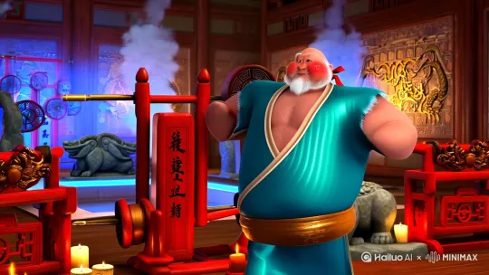 Ancient Chinese Taoist gymnasium with red sandalwood equipment, stone carvings of celestial beasts, glowing talisman wallpaper, modern strength training machines transformed with bronze dragon decorations, steam rising from jade hot stone spa area.
Taibai Zhenren from Nezha: Devil Child Comes to Sea, exaggerated chubby body proportions, flushed cheeks with white beard tied with red ribbon, cyan silk daoist robe torn at sleeves exposing fluffy arms, golden waist sash slipping during movement, iconic drunken determination expression.
Magical fitness props: floating fu dust counting reps, dumbbells with rotating Bagua patterns, treadmill producing cloud mist when stepped on, protein shake in celadon teapot.
Cinematic lighting combining warm candle glow with cold blue qi energy, muscle vibration ripple effects, sweat droplets refracting golden light, 8K hyper-detailed texture rendering.
Motion capture with weight simulation physics, dynamic wrinkles on fabric, realistic fat jiggle dynamics, slow-motion climax at 120fps, color grading using Tang dynasty mural palette with digital chromatic aberration. by Hailuo AI Video Generator