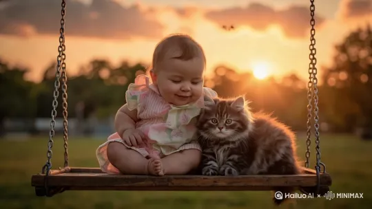 [固定镜头]婴儿和猫咪同时打了一个哈欠。猫咪爬到婴儿腿上，趴下身体开始睡觉。然后婴儿将脸埋到猫咪后背的毛里。 by Hailuo AI Video Generator