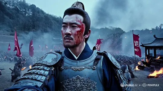 提示词:全景,人物全身,俯拍,中心构图,核心主体为身处战场身穿汉代战甲手拿方天画戟将军,他表情凝重,脸上有血记,眼神望向远方,环境场景是挂着吕字期士兵正在跟挂着曹字旗的士兵交战,四周战火未熄,尘土纷纷扬扬落下,艺术风格为写实,氛围光线偏昏暗,冷色调,以蓝、白、灰为主。
运镜语言:镜头从高空缓缓下拉,展现出整个战争士兵拼杀的大场景,最后聚焦到将军身上,让观众对环境和主角所处位置有清晰认知。
音效:风声、远处的枪炮声、火焰燃烧声作为环境音,背景音乐以低沉的弦乐缓慢淡入,营造出压抑、寒冷的氛围。 by Hailuo AI Video Generator