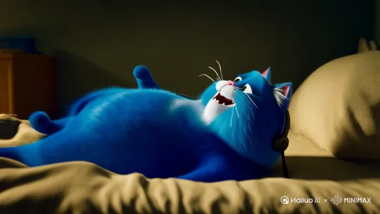 一个关了灯的宿舍一只蓝色的肥胖的猫在宿舍床的被子里面打滚的笑，一边笑一边用手机里面的豆包生成恶搞视频。然后在床上打滚笑，还带着有线耳机。 by Hailuo AI Video Generator