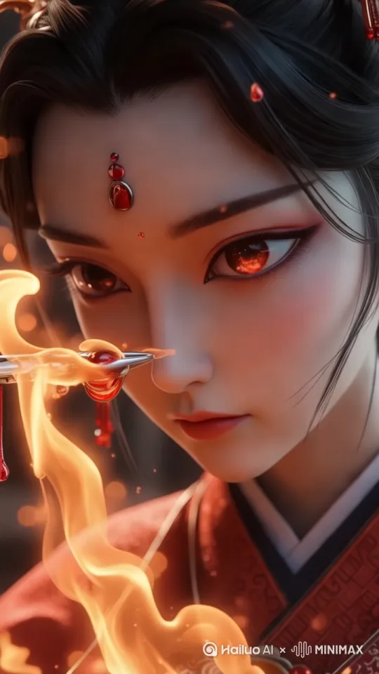 "推镜+旋转运镜 ，血珠慢速爆裂， 瞳孔火焰动态映射 ，速度曲线：0.5x→3x"  
超微观镜头——血珠在银簪尖炸裂，映出宫女瞳孔中的丹炉火焰 by Hailuo AI Video Generator