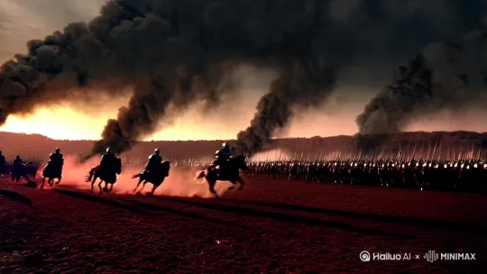 "广角俯拍战场硝烟，骑兵冲锋的慢动作扬起沙尘，夕阳透过烟雾形成丁达尔效应，鲜血与铠甲的高对比暗红色调，搭配汉斯·季默风格的低频音效，电影《天国王朝》的史诗质感" by Hailuo AI Video Generator