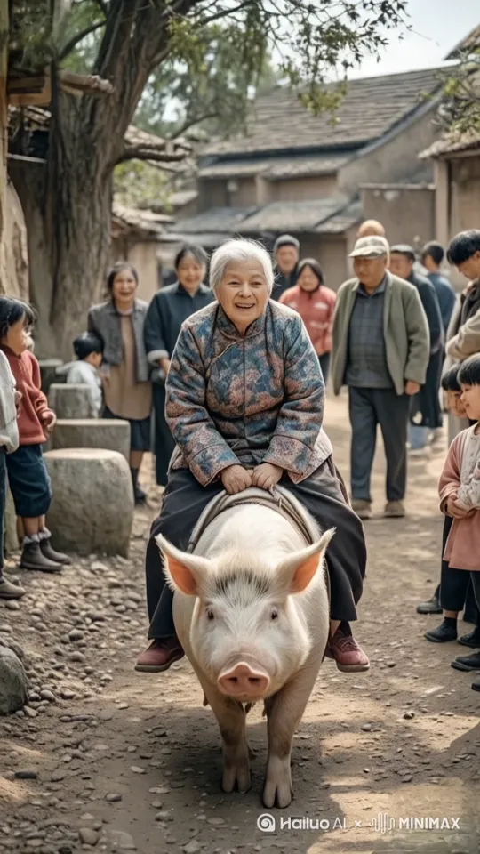 快速高空跟踪镜头移动啊，无人机视角。老奶奶骑着猪快速高高跃起，猪脚下产生剧烈的旋转，猪迅速向高空中飞行，轻松的在云层之间飞行，老奶奶亲密地抱着猪，头部向前，捕捉平滑飞行的感觉，老奶奶的衣服随风摇摆，相机从略高位置俯视角度紧密地跟踪着老奶奶，从老奶奶的左后方向右后方移动，保持着镜头对俯卧姿势的持续视角，随着老奶奶快速的穿越场景，环境是动态的快速变化，下面有一片美丽的油菜花田，不断的往后掠过的油菜花田，远处是巍峨的高山，四周是云雾气缭绕，运动模糊和光迹感增强了速度感。 by Hailuo AI Video Generator