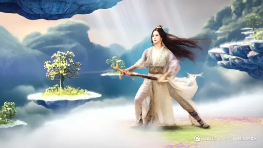 她是一位大罗金仙，在仙境中练剑。 by Hailuo AI Video Generator