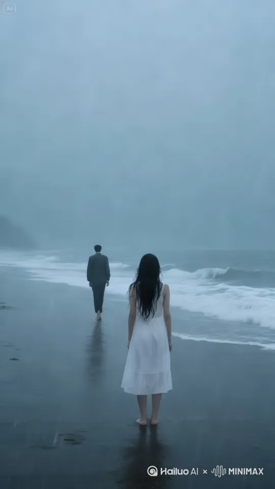 - 画面提示词：黄昏时分，广阔的海边，海浪轻轻拍打着沙滩，天空呈现出淡淡的橙红色与灰蓝色交织的色彩。镜头从远景逐渐拉近，男主一袭白衣搭配牛仔裤，修长的身影在海边伫立，暮色为他冷白的侧脸轮廓镀上一层淡金。比例：9：16 by Hailuo AI Video Generator