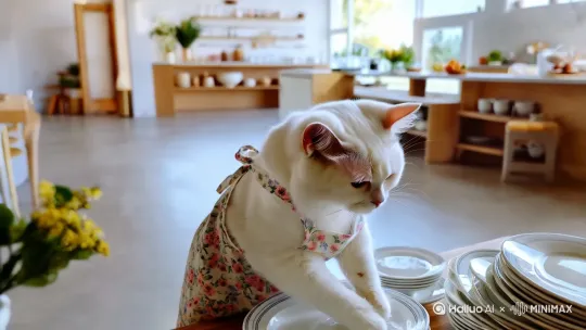 可爱的白色猫咪带着围裙刷一摞盘子，猫咪人性化，场景宽敞明亮 by Hailuo AI Video Generator