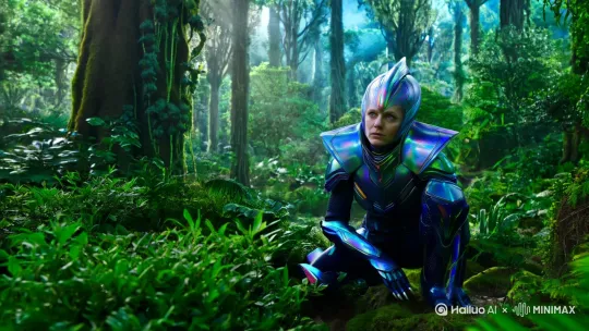 一名外星人战士，在树林子里面，准备埋伏敌人 by Hailuo AI Video Generator