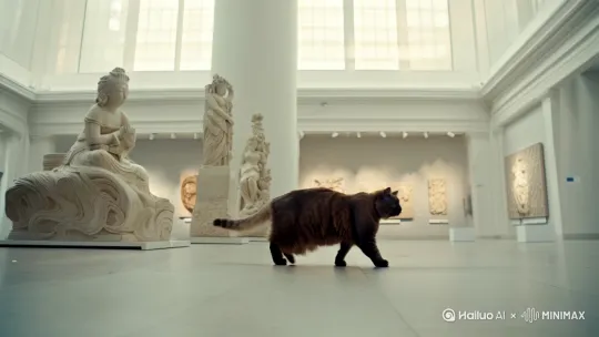 一只肥猫穿梭在和美术馆的展厅里，欣赏雕塑作品 by Hailuo AI Video Generator