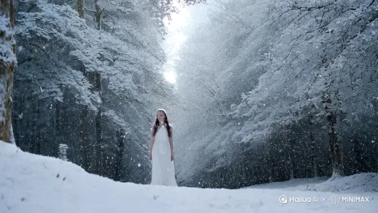 森林里，天空飘落雪花，一个女孩，身穿白裙，在森林里行走 by Hailuo AI Video Generator