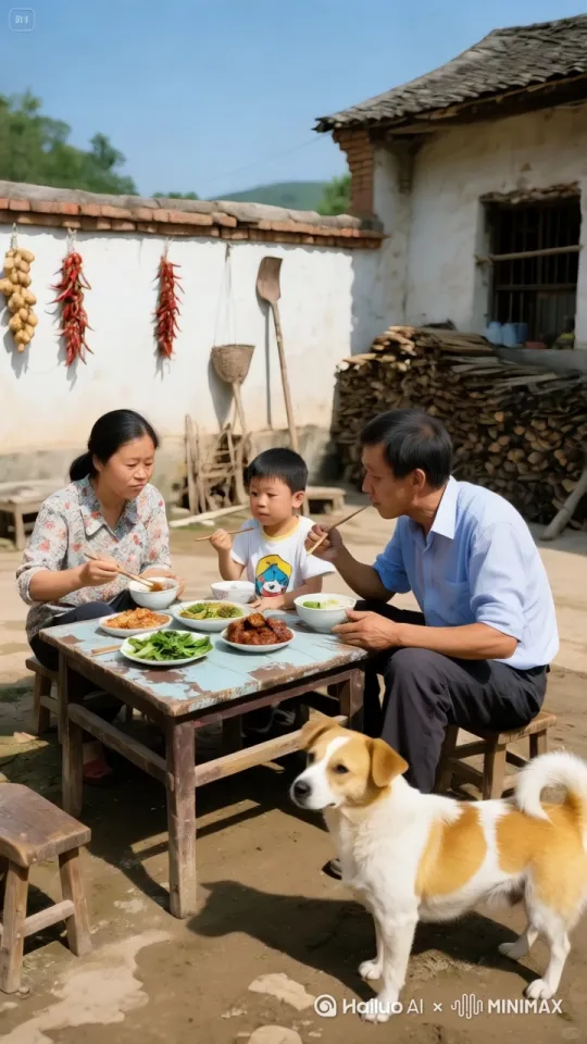 小狗蹦上桌子  把饭菜全部扫翻在桌子上 疯狂的吃  人们都气的蹦蹦跳跳 by Hailuo AI Video Generator