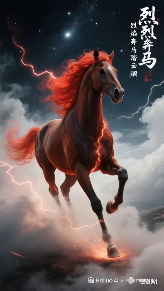 烈焰奔马踏云烟，火红鬃毛舞九天。星辰闪烁夜未央，骏影如电逐梦间。蹄下烈焰映长空，飒沓如风势如虹。不惧前路多荆棘，心向自由任驰骋。比例 9:16。 by Hailuo AI Video Generator