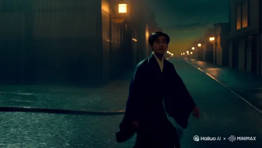 开场镜头：[右移,左摇,跟随]

镜头缓缓拉近一名身穿汉服的年轻男子（帅哥），他独自走在一条幽深的大街上。街道两旁的灯光昏暗，给人一种神秘而略带孤寂的感觉。
背景可以加入一些细节，比如远处隐约可见的建筑轮廓和零星的路灯。
中间镜头：[左移,上升]

主人走在下着小雨的大街上，雨水模糊了路面，形成一片朦胧的画面。可以加入一些动态元素，比如雨滴打在马路上的反光或偶尔经过的车灯。
可以用快速剪辑的方式展示主人公与街景的互动，比如他抬头望向天空，目光中透露出一丝迷茫或回忆。
高潮镜头：[右移,跟随]

当一辆小型汽车从远处驶来时，可以用慢动作镜头捕捉车灯在雨夜中的闪烁，以及司机和乘客的身影。
这一画面可以作为一个转折点，突出人物与周围环境的疏离感。
结尾镜头：

主人停下脚步，目光远望。背景雨声渐弱，画面慢慢拉长，展示他转身离开的背影。
最后镜头可以留一小片画面，比如他的衣摆在雨水中微微翘起，给人一种略带诗意的感觉。
音效：

通过雨声、脚步声和轻微的背景音乐营造夜晚的氛围。
可以加入一些内心独白或旁白，比如：“有时候，夜晚最美的风景，是孤独里最难以言说的一面。” by Hailuo AI Video Generator