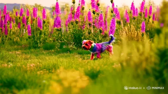 花丛中奔跑的小花狗 by Hailuo AI Video Generator