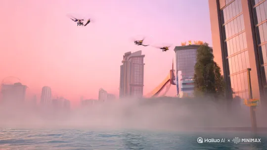 1. 全景镜头:
- 晨雾中的未来都市,玻璃幕墙折射粉色朝霞
- 低角度拍摄:霸王龙尾巴扫过街道,交通灯微微摇晃
2. 特写镜头:
- 亚裔小男孩(约5岁)穿着机械恐龙护具
- 手持发光的全息地图,恐龙鞍座有闪烁的控制面板
3. 动态镜头:
- 恐龙跃过跨海大桥时,爪尖轻点水面激起彩虹
- 背景有无人机群组成警告标志,但被恐龙喷出的气泡包裹
二、增强画面张力的细节
1. 光影设计:
- 为恐龙添加赛博纹路:当经过不同区域时,皮肤会显示对应建筑的数字化投影
- 使用矛盾光源:冷色调的城市霓虹与恐龙鳞片暖橙色生物光交织
2. 动态元素:
- 增加微观动态:女孩辫子上的感应器飘带/恐龙的呼吸蒸汽/街道自动避让的智能地砖
- 速度线处理:用After Effects添加2D动画风格的移动轨迹
3. 彩蛋设计:
- 背景商店橱窗播放"侏罗纪公园"新闻
- 恐龙腰部挂着"违规停车警告器"(增强幽默感) by Hailuo AI Video Generator