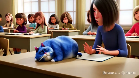 一个蓝色的胖猫，在上课时打瞌睡，老师没发现胖猫在打瞌睡，一直专心的讲课。同学们听的很认真。 by Hailuo AI Video Generator
