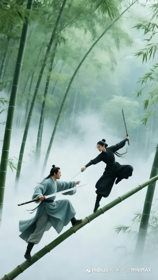 镜头移动,动态跟随。两个习武之人在竹林间打斗,一招一式惊险万分,男子呈守势,女侠进攻,竹枝晃动,竹叶飘零,云雾缭绕,航拍效果,自然流畅,动作合逻辑,一镜到底,打斗中二人五官不扭曲,不凸兀,不变形,场景逼真,电影《卧虎藏龙》经典打斗场景。 by Hailuo AI Video Generator