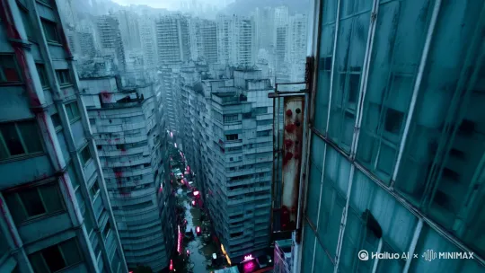 阴雨天俯拍香港唐楼全景，潮湿霓虹在灰玻璃上晕染血色光斑，推镜至生锈铁闸特写，手持镜头模拟呼吸起伏穿过栅栏缝隙，电梯间老式楼层按钮突然亮起"0/F"红光，低角度跟拍电梯门缓慢开启时地面积水倒映出无面女人旗袍下摆，摇臂上升至俯视角度捕捉主角后颈冷汗浸透衣领的微颤，走廊顶灯接触不良频闪间突然切为广角镜头展现金鱼街纸扎铺橱窗内童男童女瞳孔随频闪节奏转动，滑轨平移经过门缝渗出线香烟雾时突然加速推镜撞开木门，慢动作呈现佛龛供果腐烂汁液悬空滴落形成血掌印，Dolly Zoom聚焦墙角闭路电视雪花屏闪现1978年灭门案新闻剪报，旋转镜头围绕八仙桌停留于空碗筷自动排列成招魂阵的残影，电梯井仰拍钢丝绳断裂瞬间切换第一视角急速下坠，落地窗前百叶帘缝隙漏光构成符咒投影随狂风摇曳抽打主角面部，变焦惊吓揭露镜中倒影脖颈浮现青紫色掐痕与窗外晾晒旗袍领口勒痕重叠，手持摇晃跟拍逃窜时路过殡葬店纸钱纷飞粘附镜头形成半透明遮罩，霓虹招牌短路爆出火花瞬间切至夜视模式绿色视野显现天台蓄水箱表面浮出人形水渍，俯冲运镜穿过通风管道抵达密室见祭坛红烛泪凝结成"替死鬼"三字，推轨后退时两侧符咒无风自动拼合出生辰八字与主角腕表日期同步，慢门拍摄遗照笑容随香灰洒落逐渐扭曲成哭丧脸，电梯重启声响起时用分裂屏幕同时展现现实楼层数字乱跳与镜中世界铁闸生锈速度加快，最终定格于潮湿墙皮剥落显出血字"轮到你"时镜头突然被黑胶袋套住收缩成瞳孔状黑场。 by Hailuo AI Video Generator